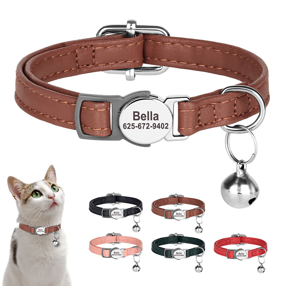 Personalized Cat Collar Puppy Kitten Engraved Name Tag Soft Leather Adjustable