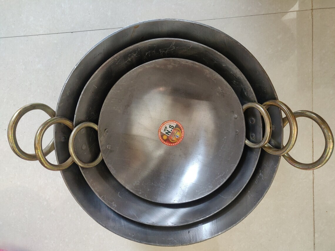 Set of 3 Iron Kadai Traditional Kadai Wok 8 (1L), 10 (2L), 12(3L) Iron Karahi