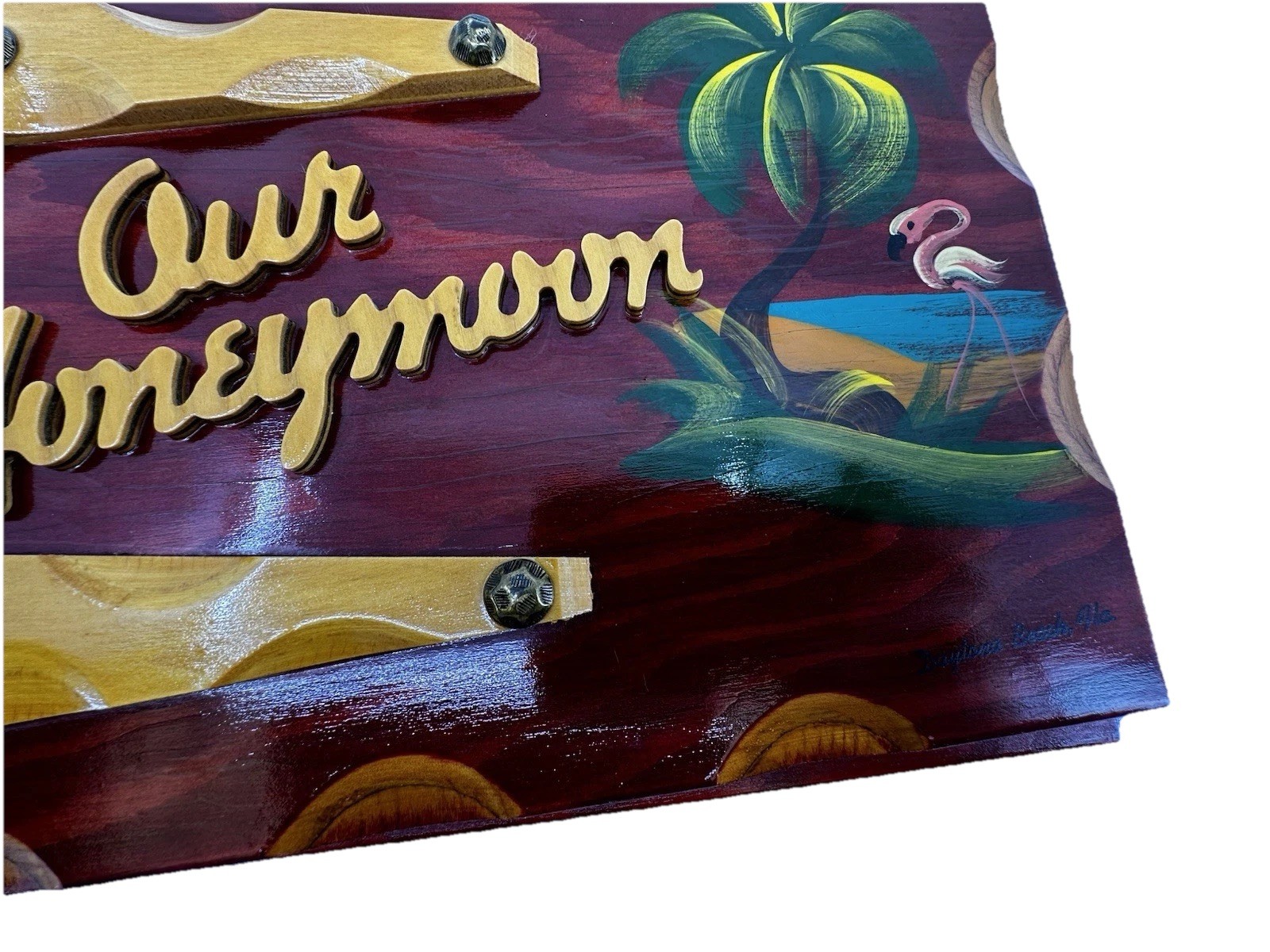 Vintage Our Honeymoon Photo Album Wood Flamingo Palm Tree Daytona Beach FL