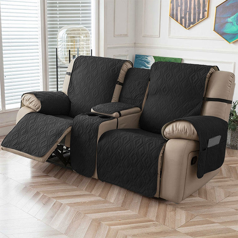 100% waterproof recliner cover double with center console, strap design