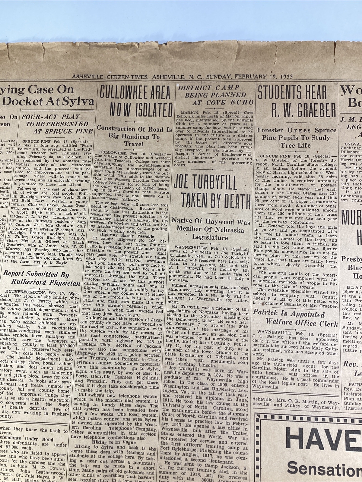Ashville NC Newspaper Feb 19, 1933 Boxer Jim Corbett Dempsey Lou Gehrig Haverty