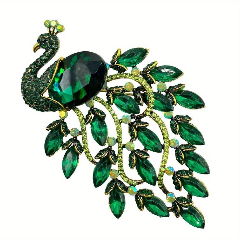 PEACOCK BROOCH Pin Pendant Green Navette Ab Rhinestone Bird Costume Jewelry
