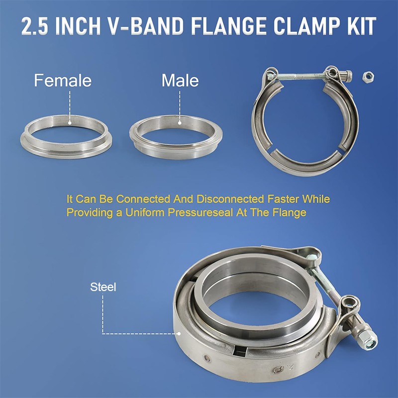 2.5" Inch V-Band Flange&Clamp Kit Male/Female With Ridge Exhaust Stainless 4 Pcs