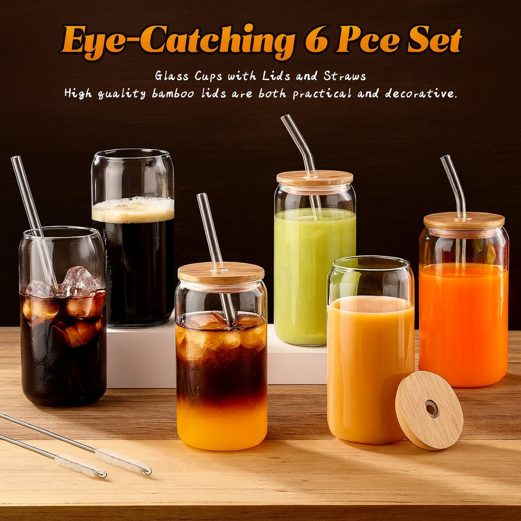 Glass Cups with Bamboo Lids & Straws 6 Pack, 16oz Iced Coffee Tumbler Set