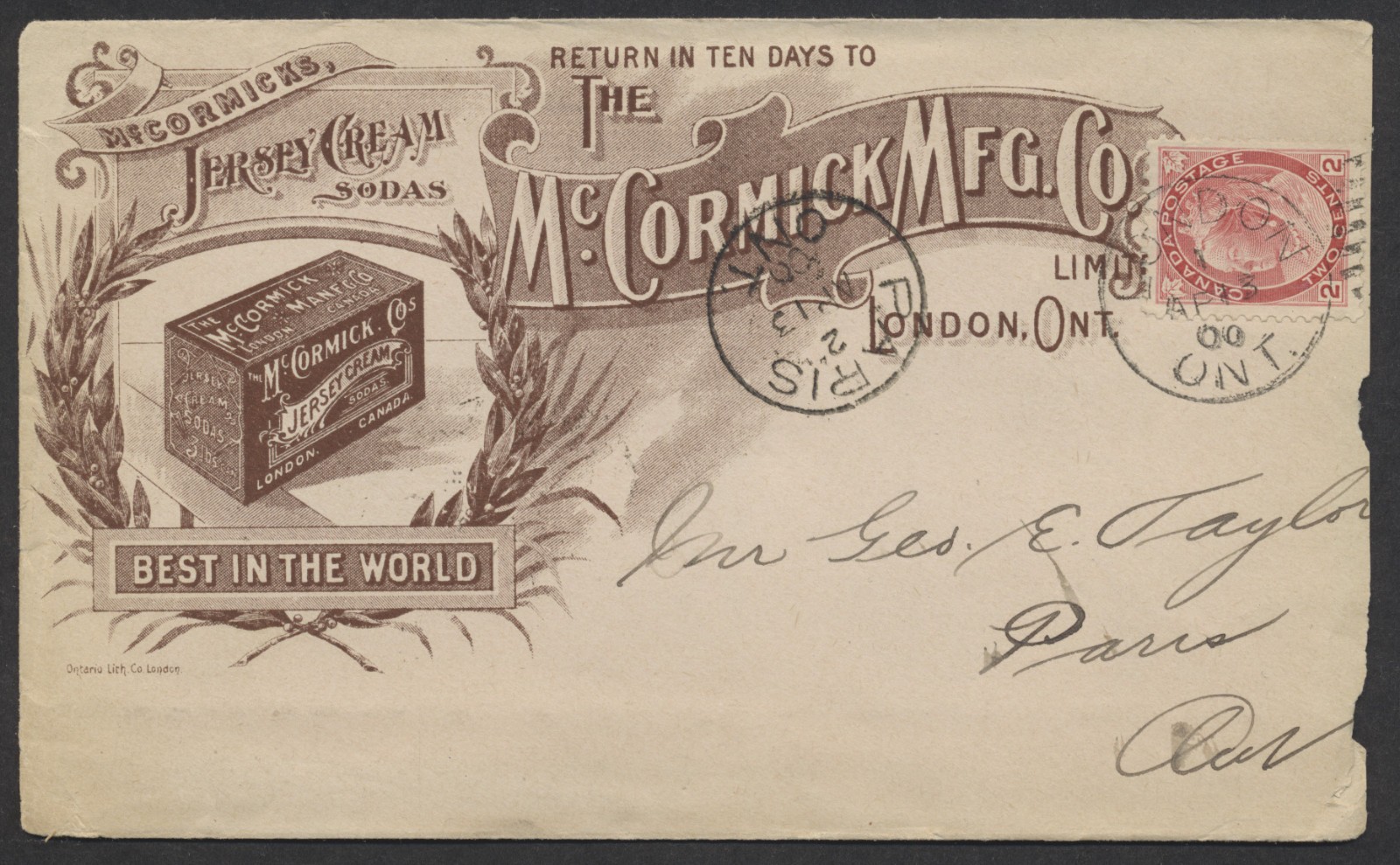 1900 McCormicks Jersey Cream Sodas Advertising Cover London to Paris ONT