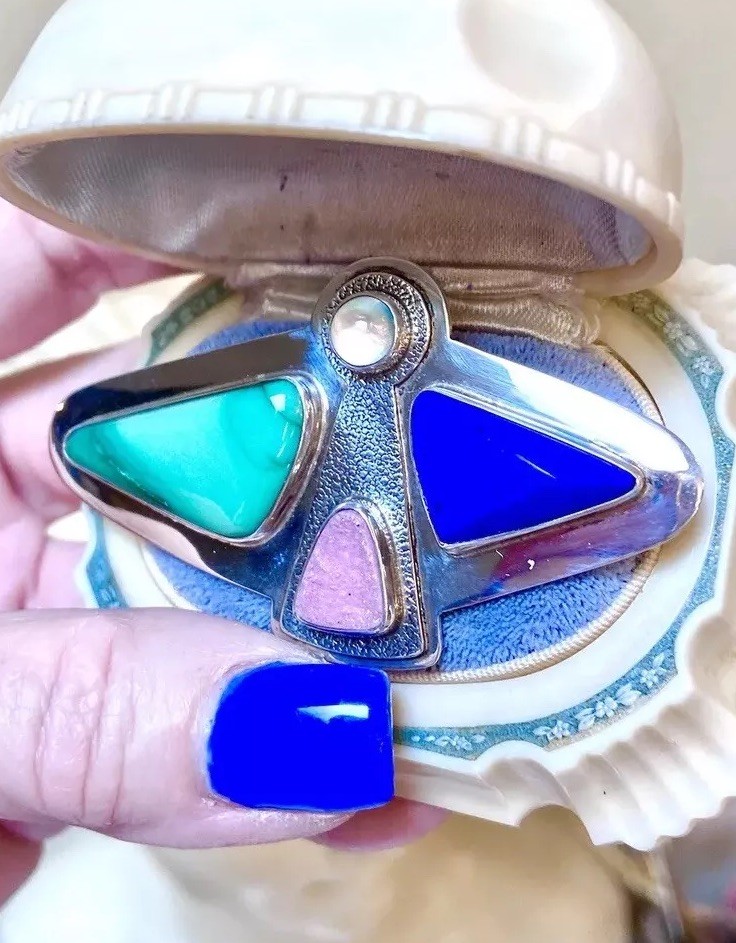 LOVELY Designer Signed Sterling Silver Lapis, Pink Druzy, Moonstone Angel Brooch