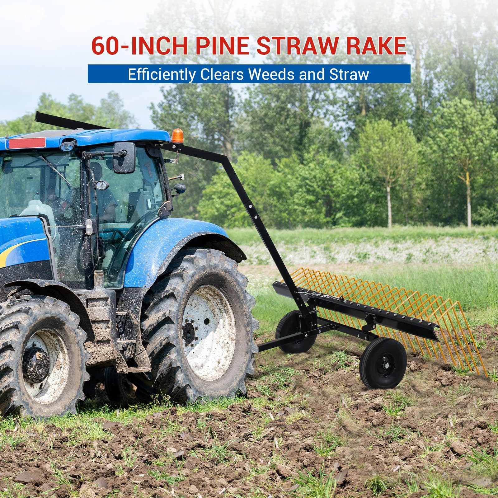 60" Tow Behind Pine Straw Rake Heavy Duty Steel Tractor ATV Lawn Rake W/ 24 Tine