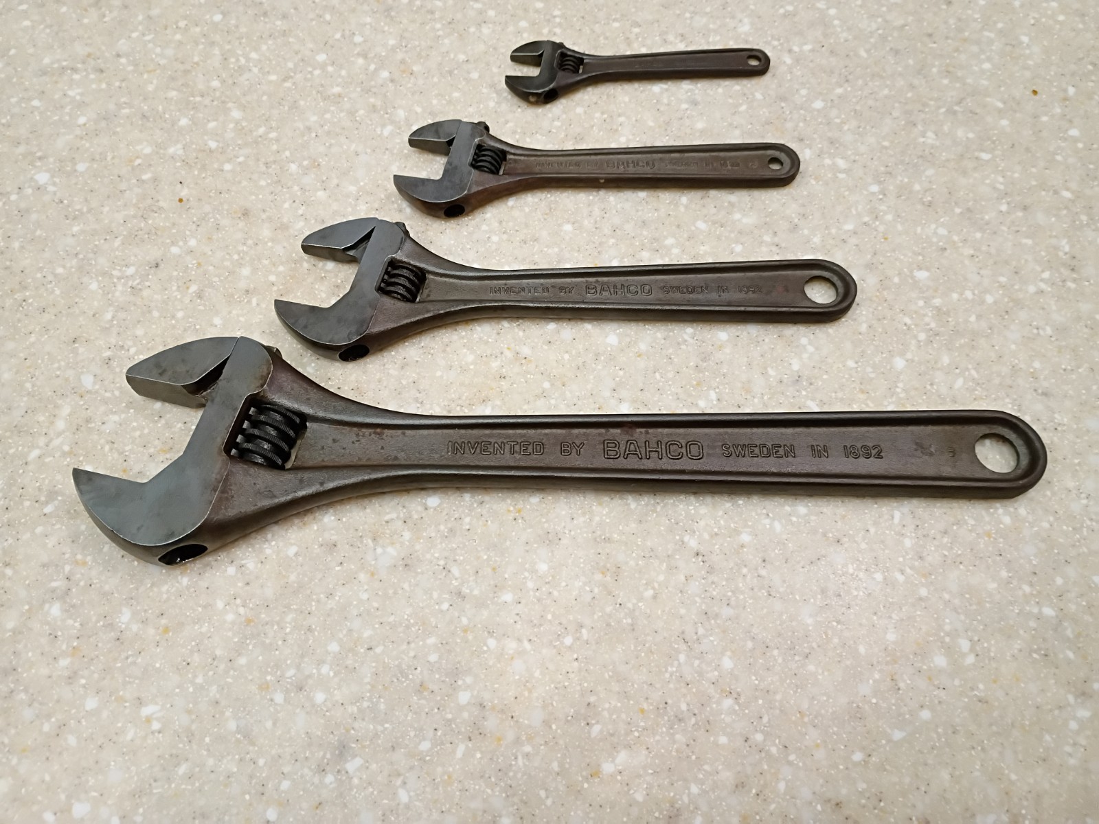 Vintage set of 4 Bahco Sweden Adjustable Wrenches spanner monkey 12" 8" 6" 4"