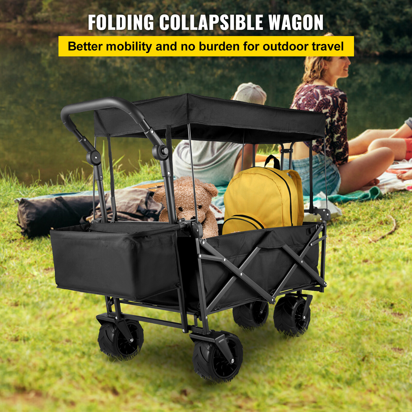 VEVOR Folding Wagon Cart Collapsible Garden Cart w/Canopy 220lbs Big Wheels