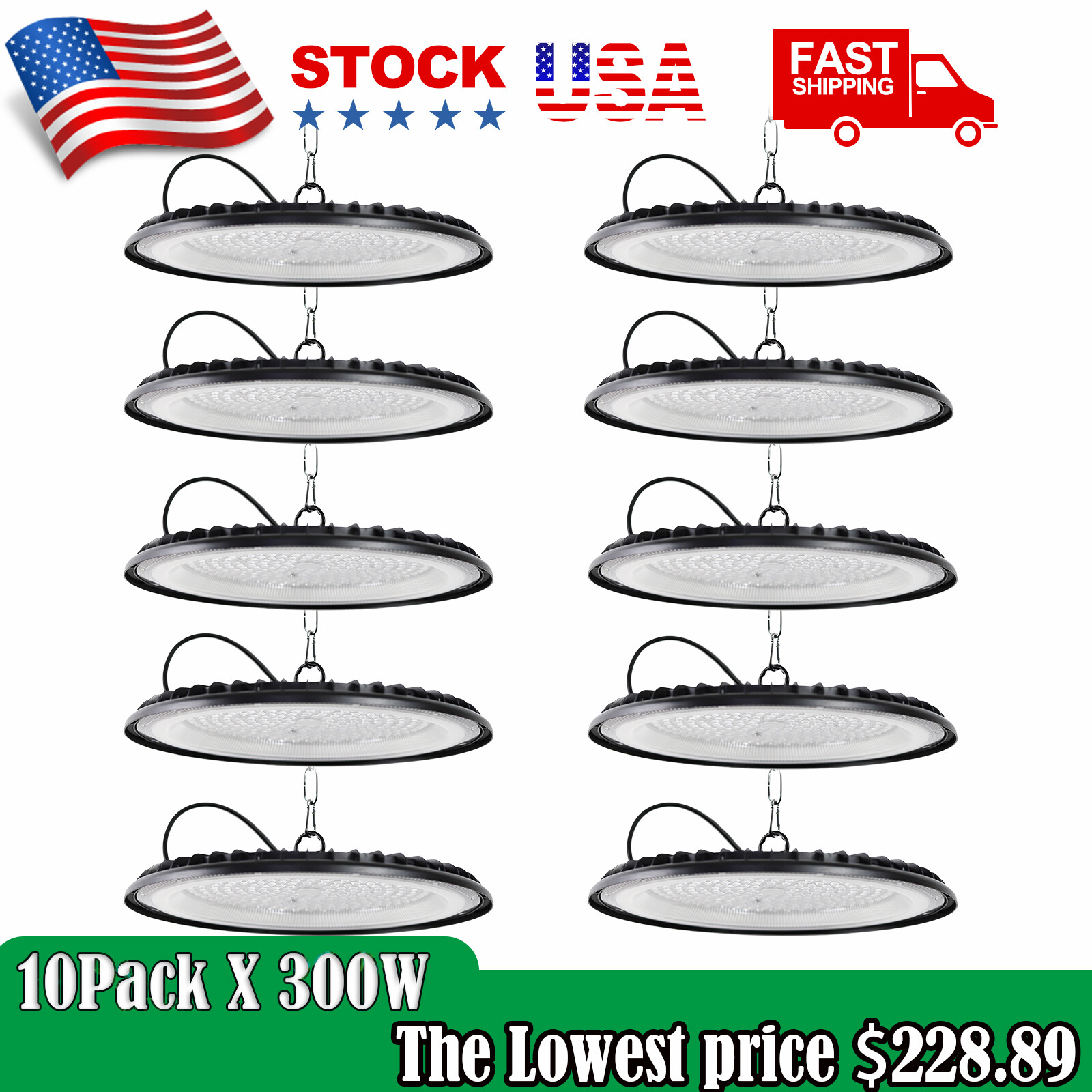 10 Pack 300W UFO LED High Bay Light Shop Industrial Commercial Factory Warehouse
