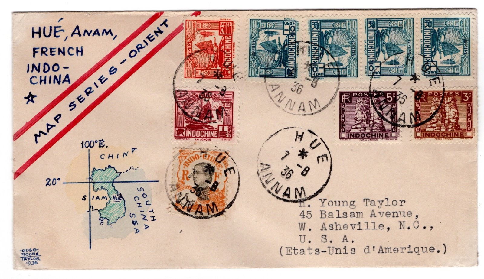 French Indo-China 1936 Hue Annam - Hand-drawn Cover of the Month Cachet RARE