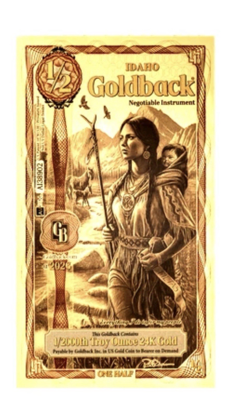 1/2 IDAHO ALPHA GOLDBACK AURUM 24K GOLD NOTE 1/2000 OZ .999 GOLD BU PRE SALE 🔥