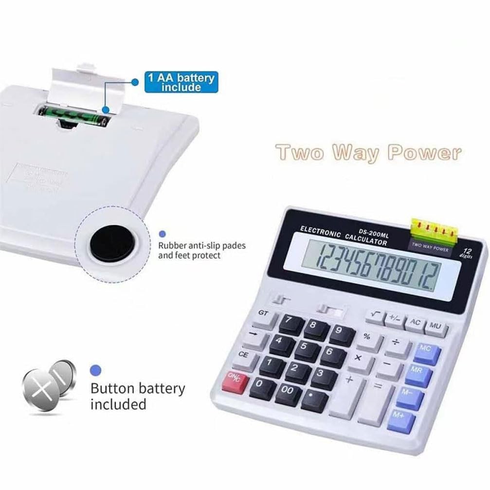 Desk Calculator Large 12 Digit Display, Dual Power Basic Calculator Desktop, Big