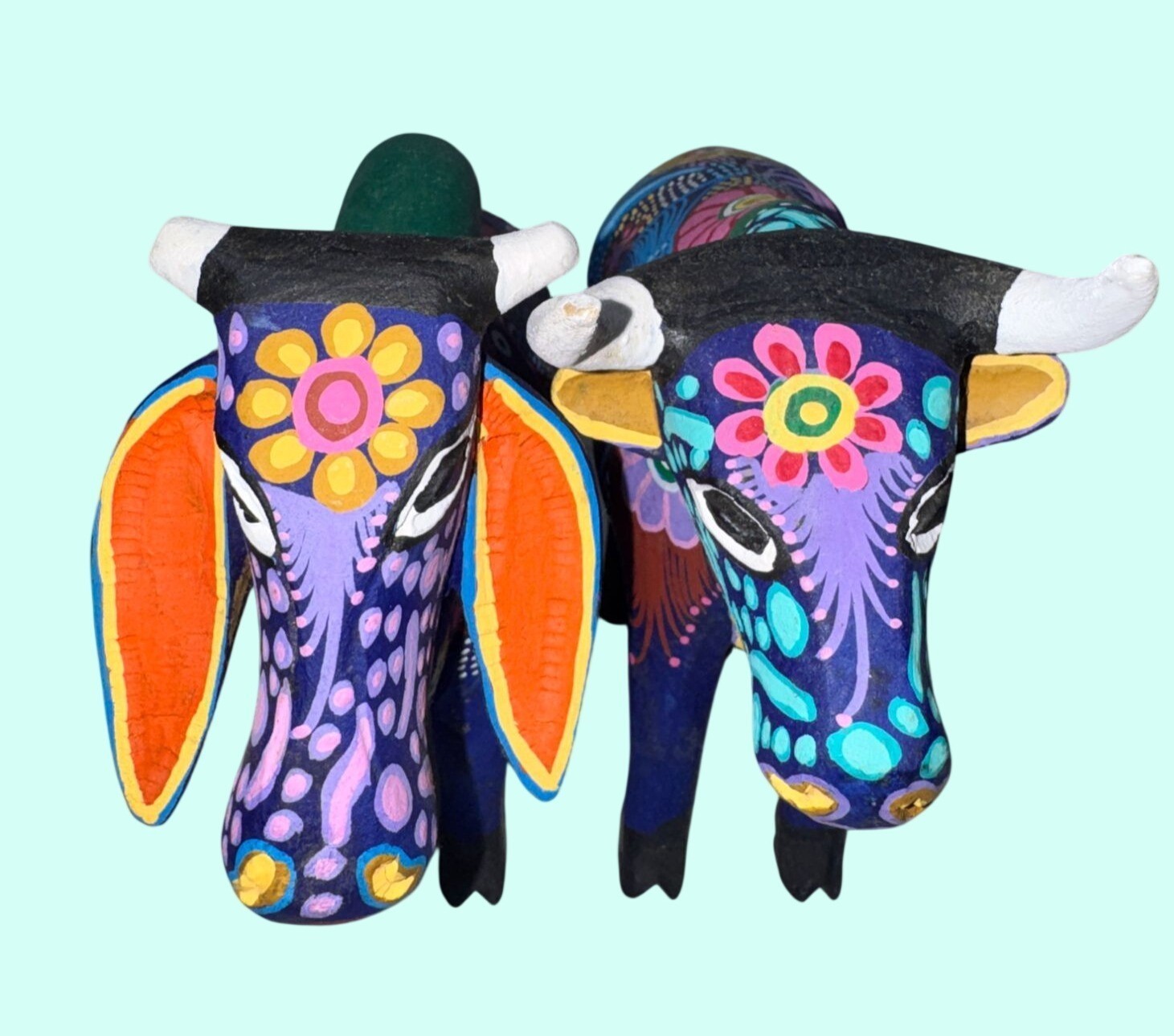 Hand Carved Alebrije Wooden Ox Folk Art Figurines Multicolor 2 Pieces