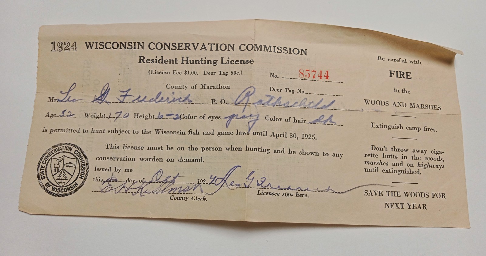 Wisconsin Hunting License 1924