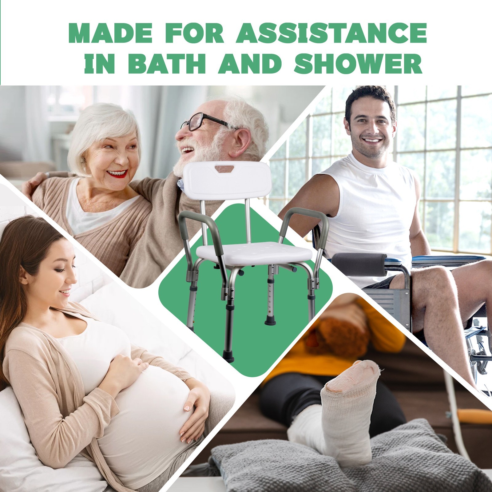 Shower Chair 350lb Bath Bench Seat with Back, Arms, Adjustable