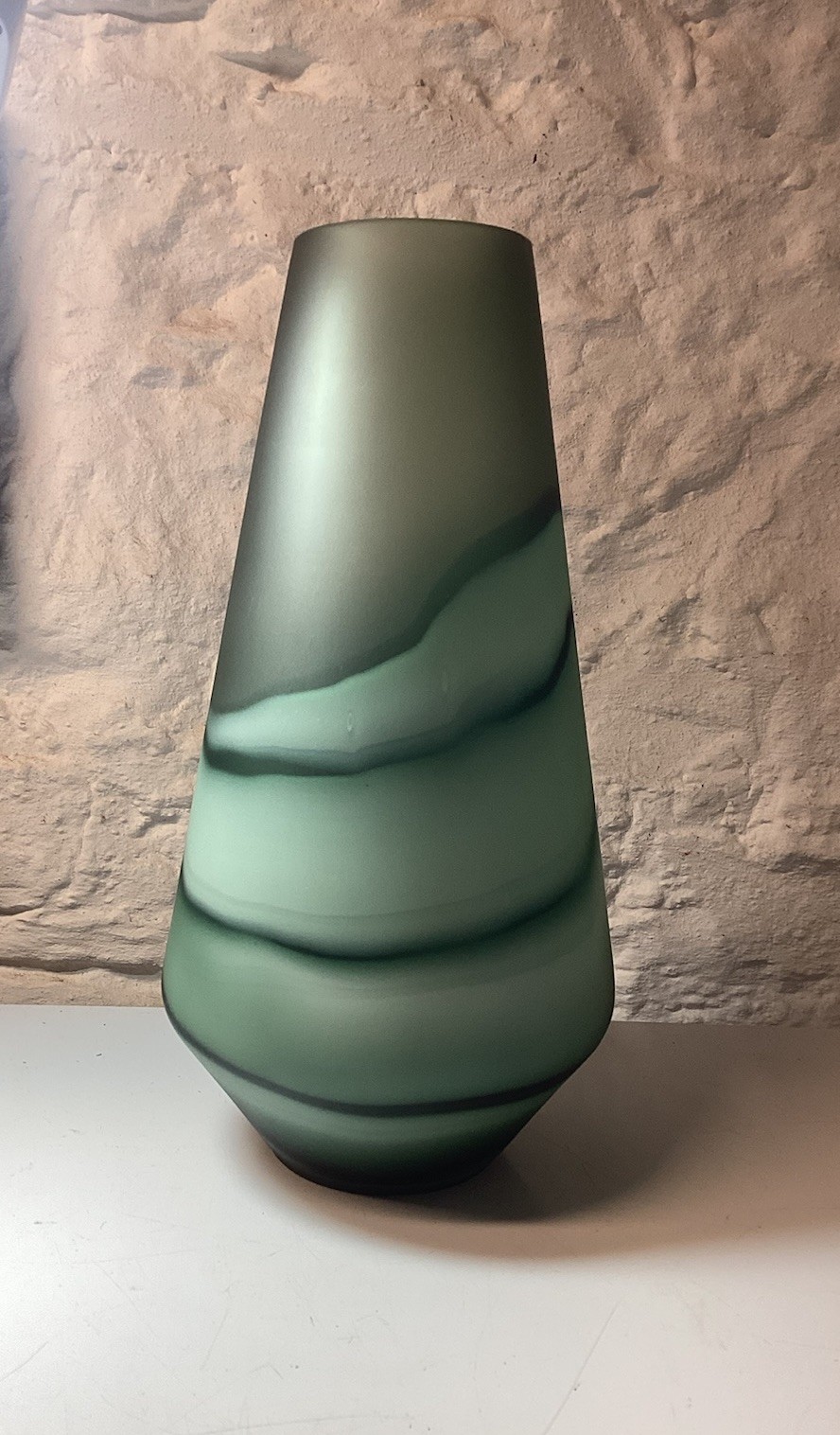 Beautiful Large Art Glass Vase Jade Green Wave Sandblasted Tall Sturdy 13.5 in