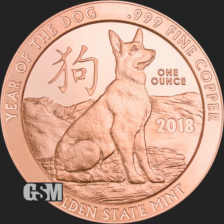 1 Oz. Solid .999 Fine Copper Round - Year of the Dog 2018 - Golden State Mint