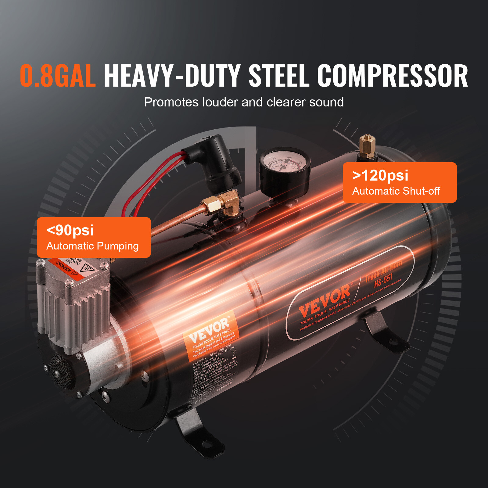 VEVOR Train Horns Kit 4 Trumpet Air Horn Kit 120 psi Air Compressor 0.8 Gal Tank