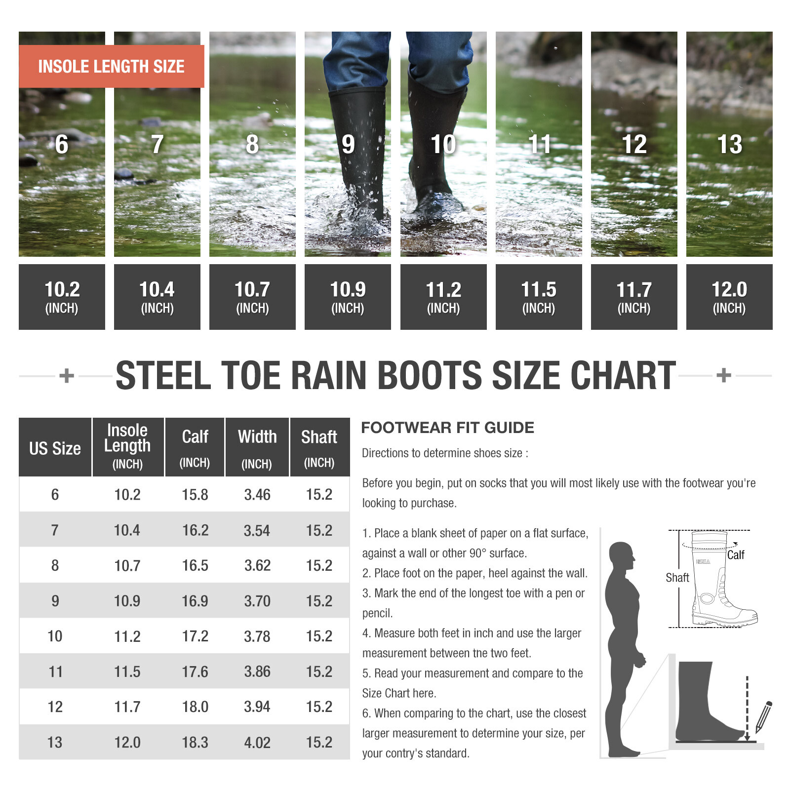 HISEA Men Steel Toe Rain Boots Waterproof Fishing Hunting Garden Mud Work Boots