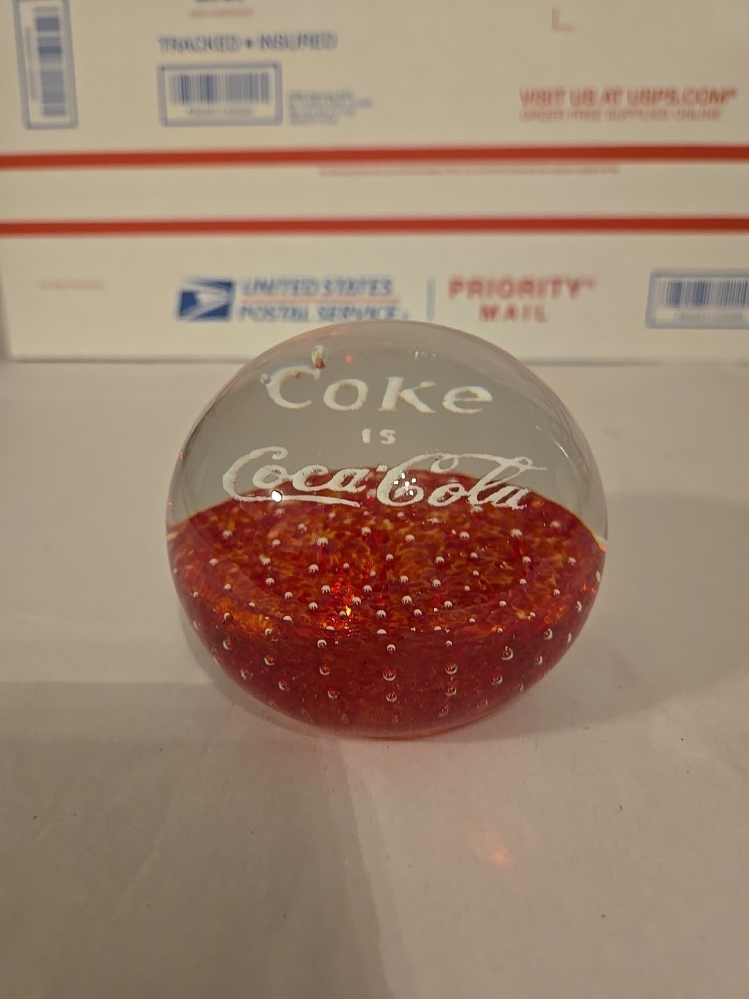 VINTAGE Red COKE IS COCA-COLA PAPERWEIGHT Clear Red With White Lettering