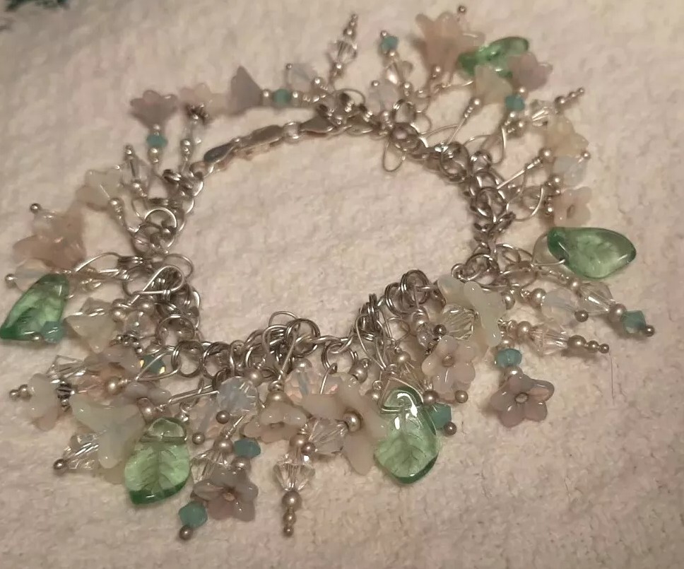 VTG Sterling Charm Braclet Pastel Dangle Opalescent Beads Flower Glass Lampwork