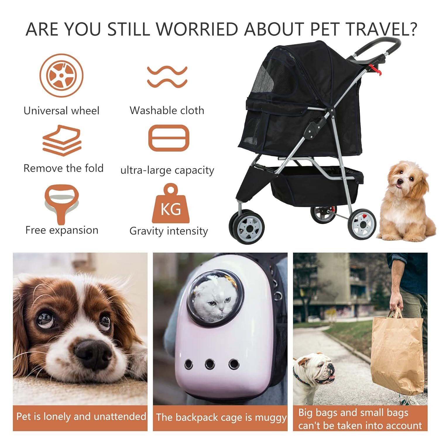 3 Wheels Travel Folding Pet Stroller for Small Medium Dog Cat Jogger Stroller