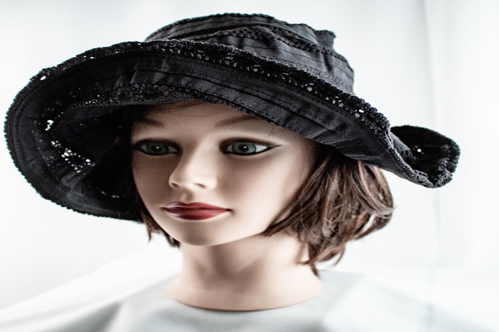 1950's Vintage Black Lace Cotton Women Floppy Bucket Hat Size M 7.1/8