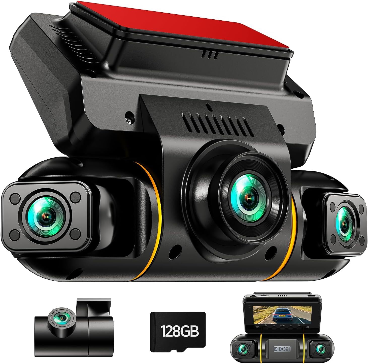Dash Cam 4 Channel 360° Front Rear Inside DashCam, FHD 1080P Car Camera 128GB