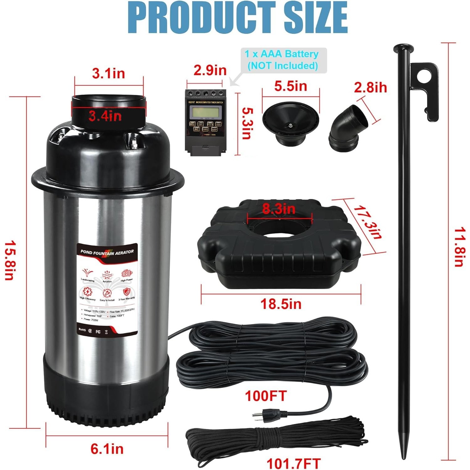 1HP 15000GPH Pond Fountain Aerator 750W Pond Fountain Floating Aerator Pump