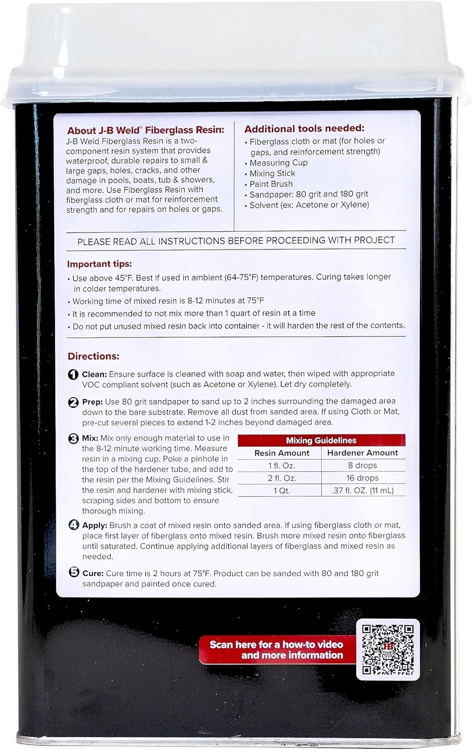 JB Weld 40122, Fiberglass Resin, 1 Quart