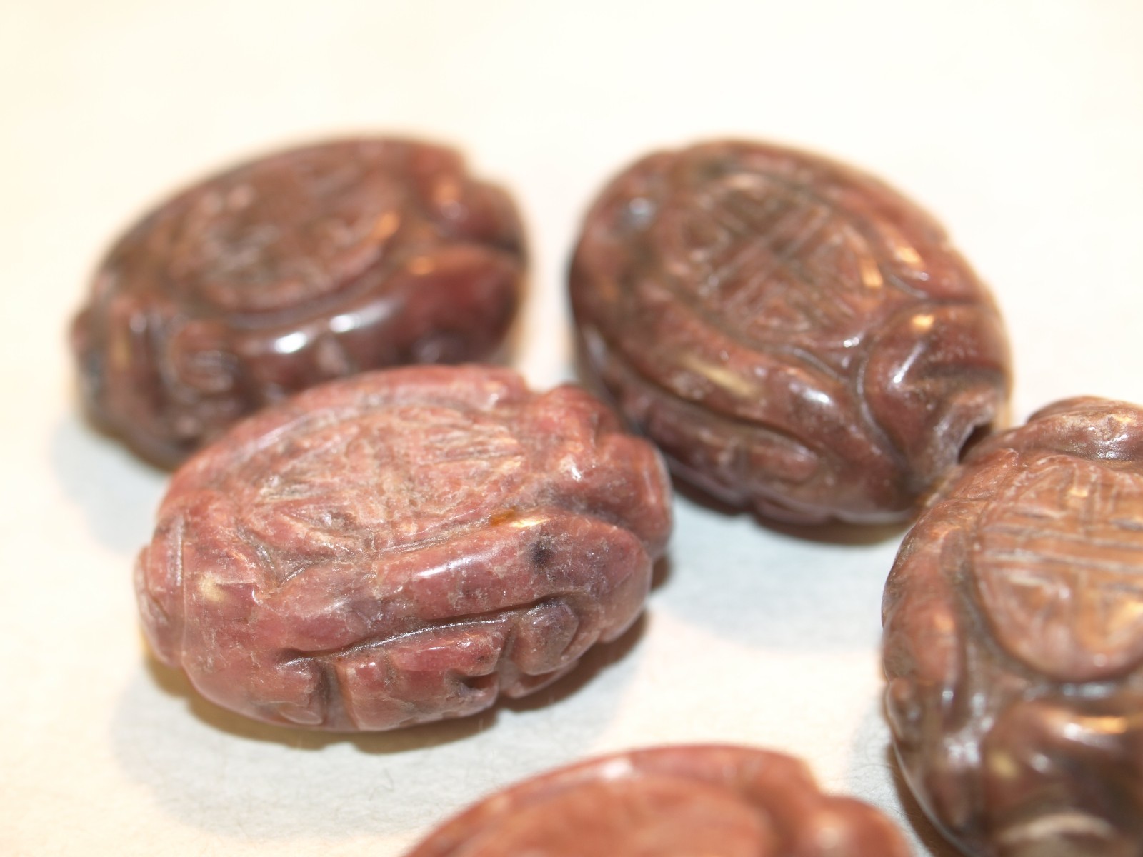 Vintage Carved Chinese Bead Rhodonite Shou Design 25mm x 18mm x 10mm Flat Oval