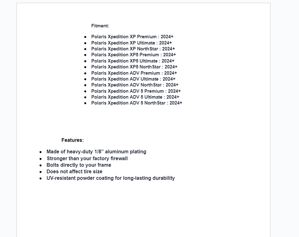 Assault Industries Inner Fender Guards For Polaris Xpedition 2024+