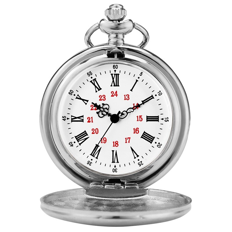 Silver Smooth Quartz Pocket Watch Roman Numerals Dial Fob Chain for Men Women