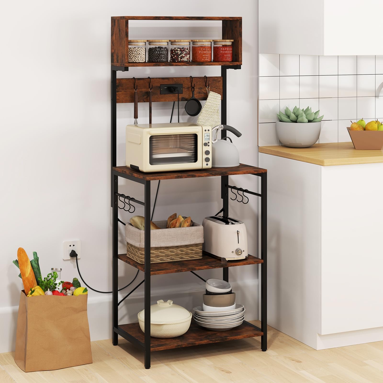 Baker’s Rack with Power Outlet, 5-Tier Microwave Stand with Open Shelves
