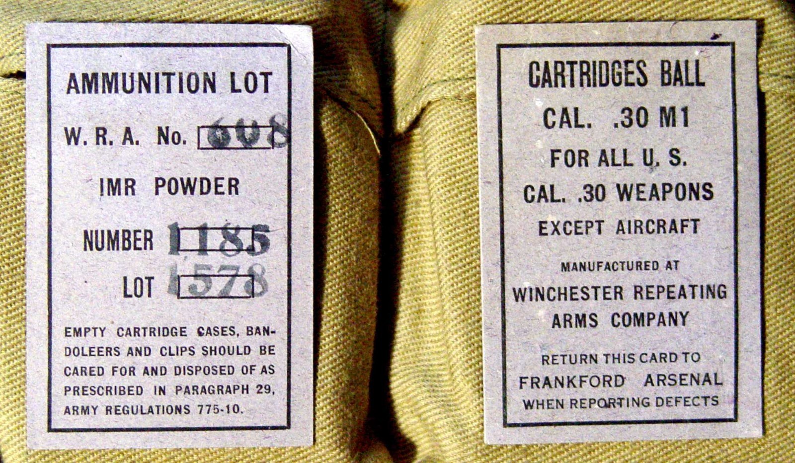 EARLY WORLD WAR II NEW REPLICA BANDOLEER LOT CARDS FOR CAL.30 M2 BALL AND A.P.