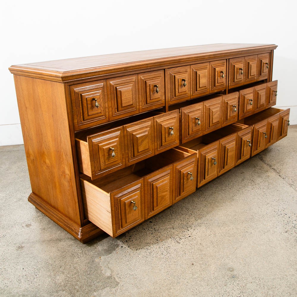 Mid Century Modern Credenza Server Buffet Stanley Oak 9 Drawers Cabinet 1970s