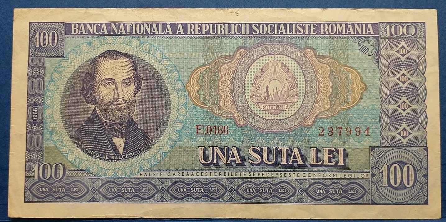 Romania 100 lei  1966  P-97a F/VF Banknote 🇷🇴 Circulated. Small Pinhole At Top