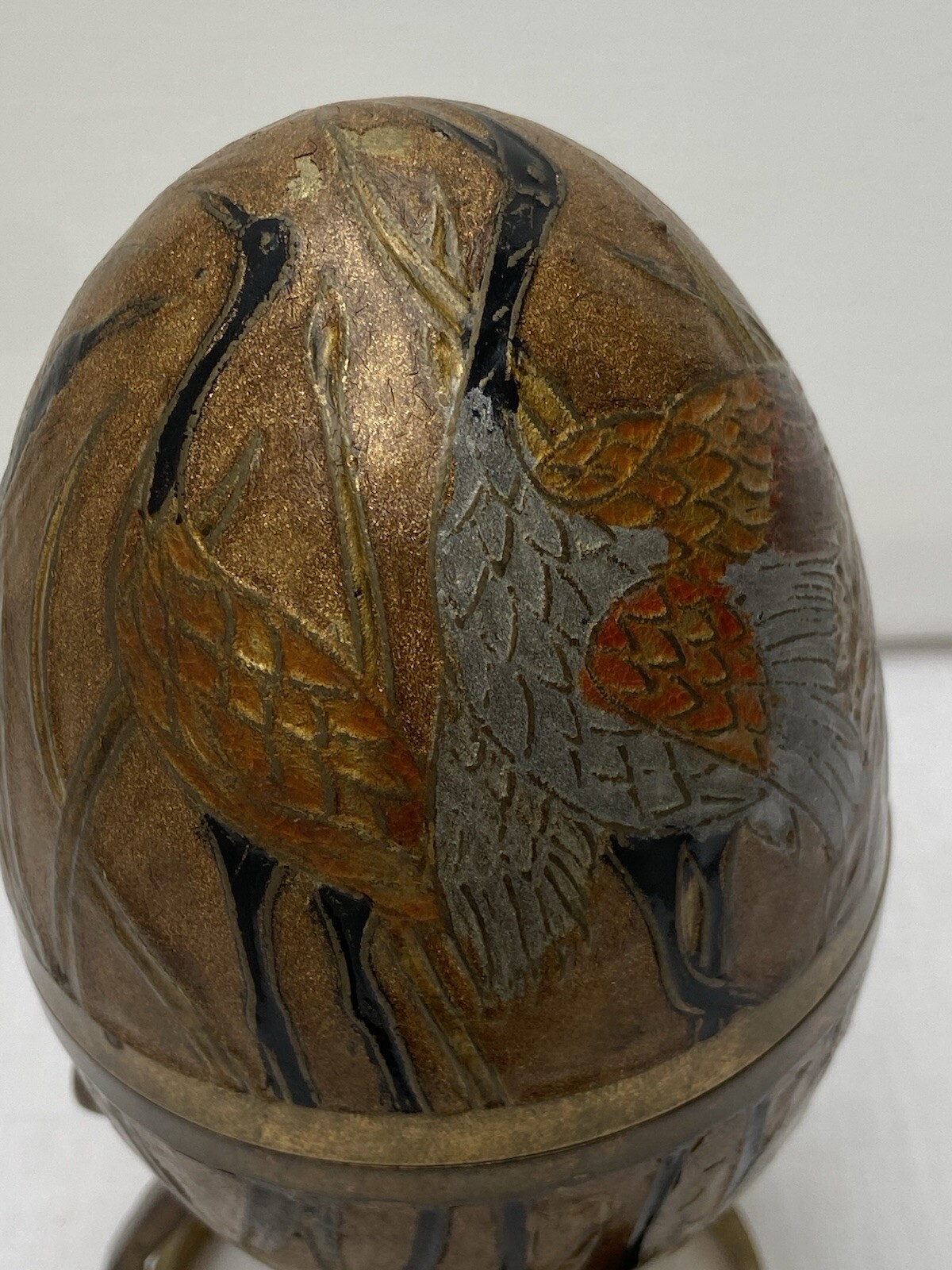 Solid Brass Egg & Stand Cloisonne Painted Trinket Box Ornate Enamel India Birds