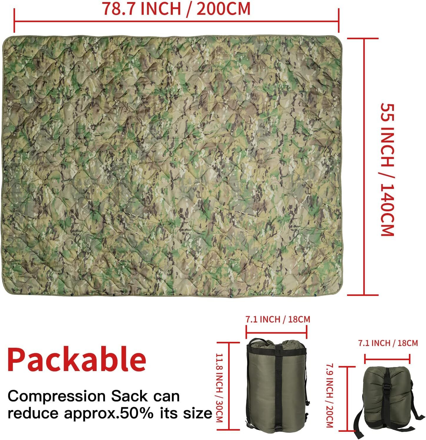 Camo Woobie Blanket Waterproof Poncho Liner for Outdoor Camping, Hiking, Hunting