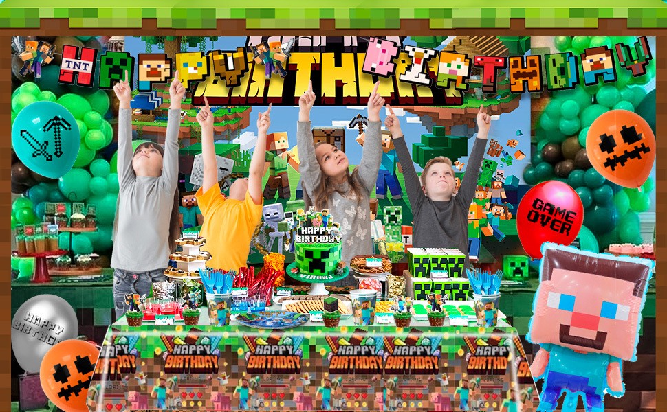 113 Minecraft Birthday Party Decorations Tableware Balloons Banner Plates Cups