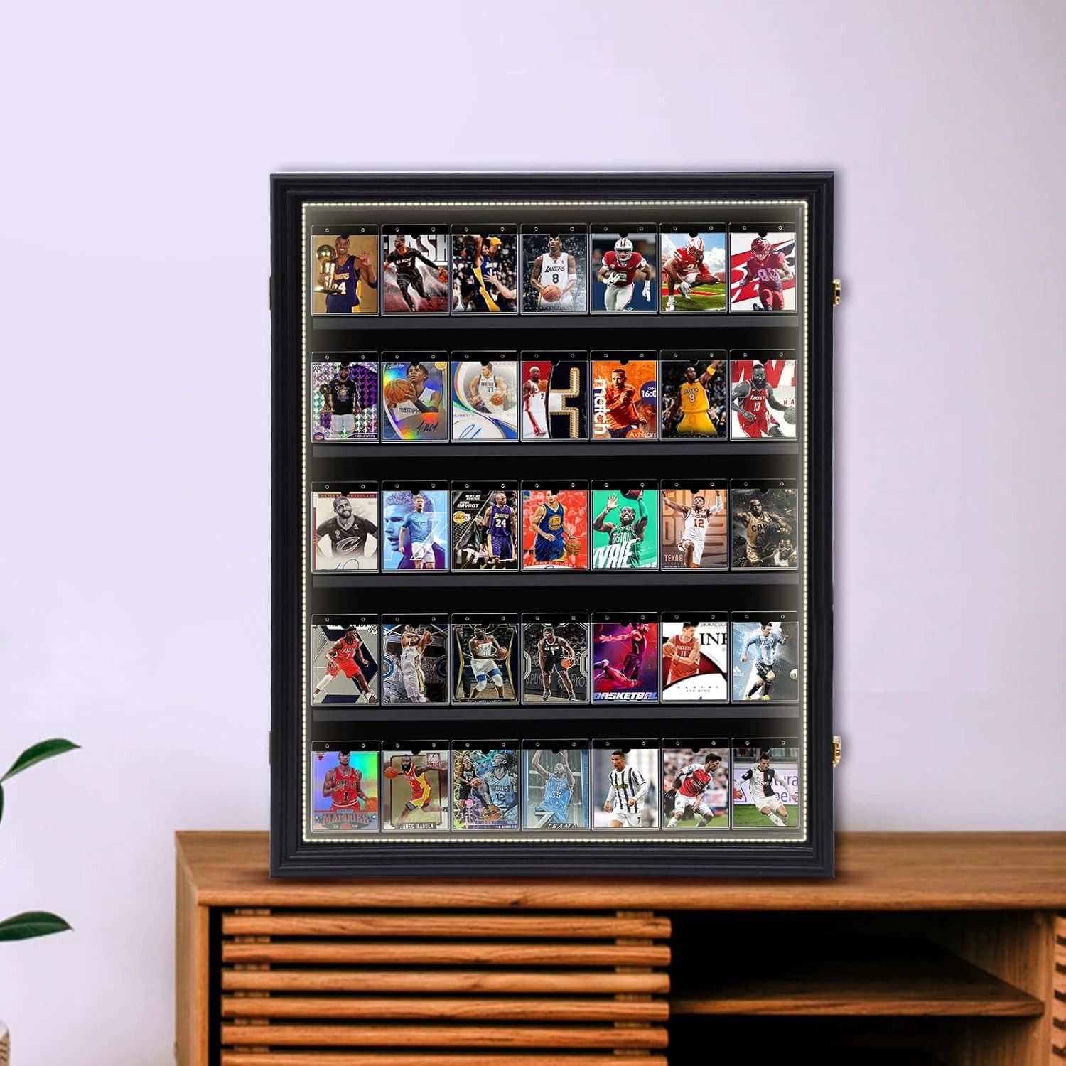 Graded Trading Card Display Case 35 LED Light Sport PSA Slabs Wood Wall Cabinet