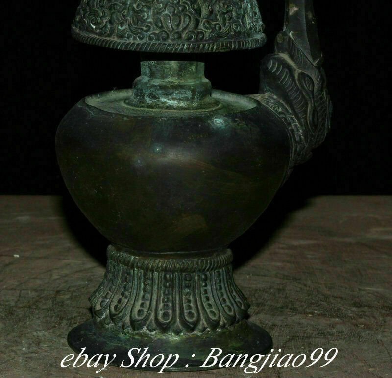 8" Marked Old China Bronze Dynasty Palace Dragon Beast Handle Kettle Pot Flask