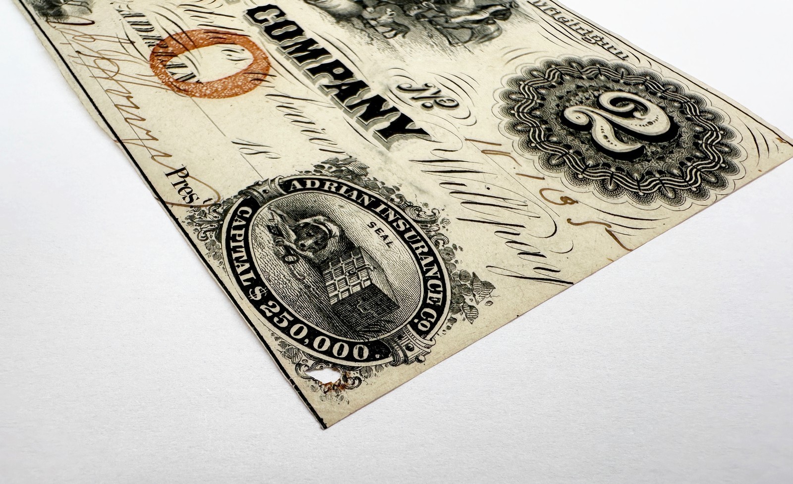 1853 $2 Adrian Insurance Company Michigan Obsolete Bank Note Two Dollars Bill MI