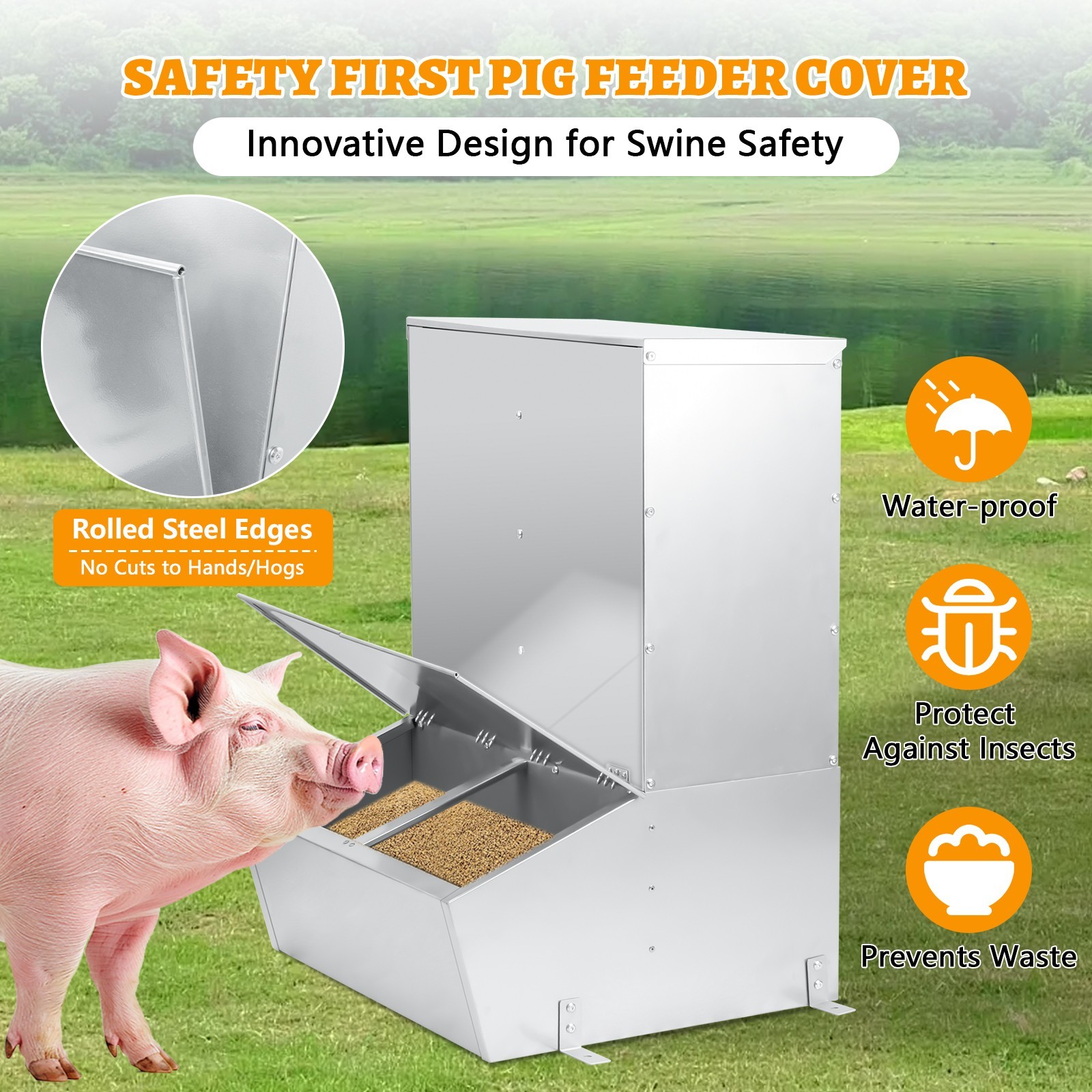 Hog Feeder,3 Bushel Double Door Automatic Pig Feeder,Galvanized Steel Pig Trough