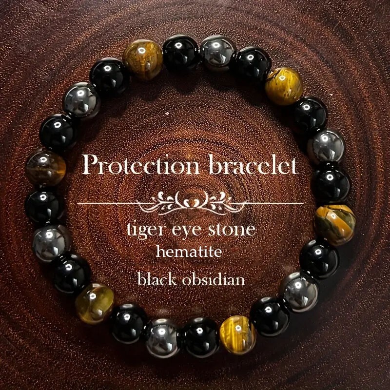 Obsidian Tiger Eye Hematite 10mm Beads Healing Triple Protection Men Bracelet