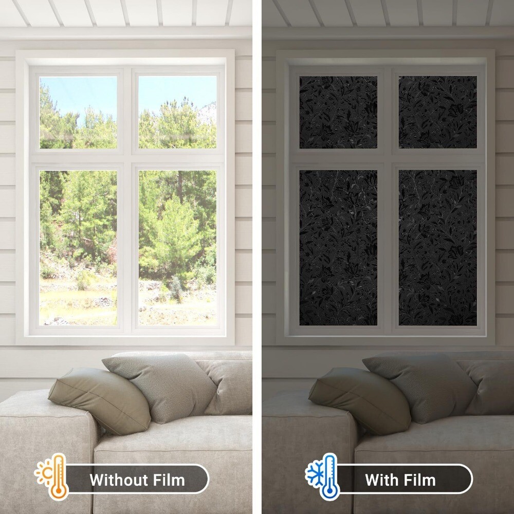 rabbitgoo Total Blackout Window Film Heat Blocking Stained Floral Glass Sticker
