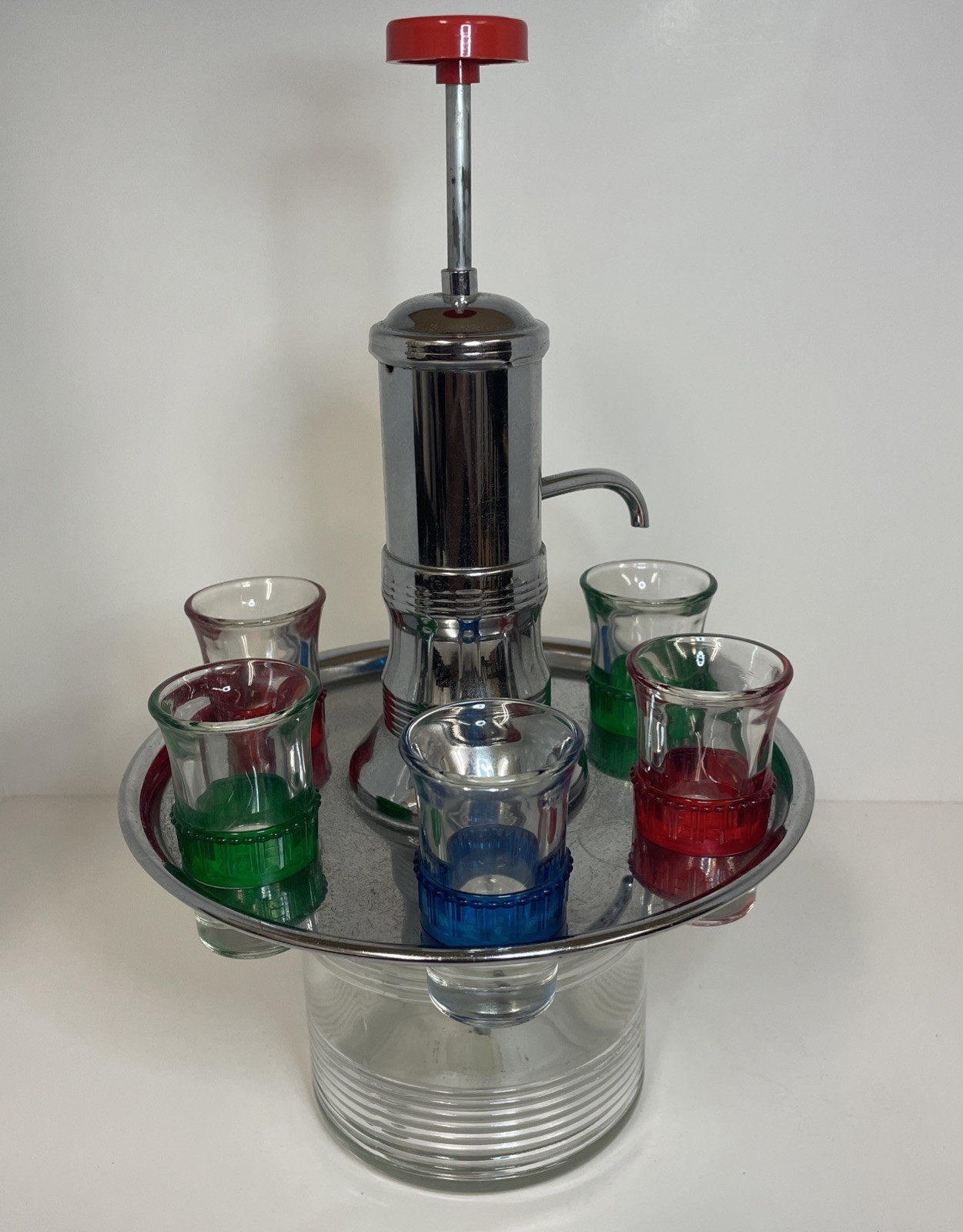 Vintage Park Sherman MCM Liquor Dispenser w/6 Shot Glasses Rotating Chrome Tray