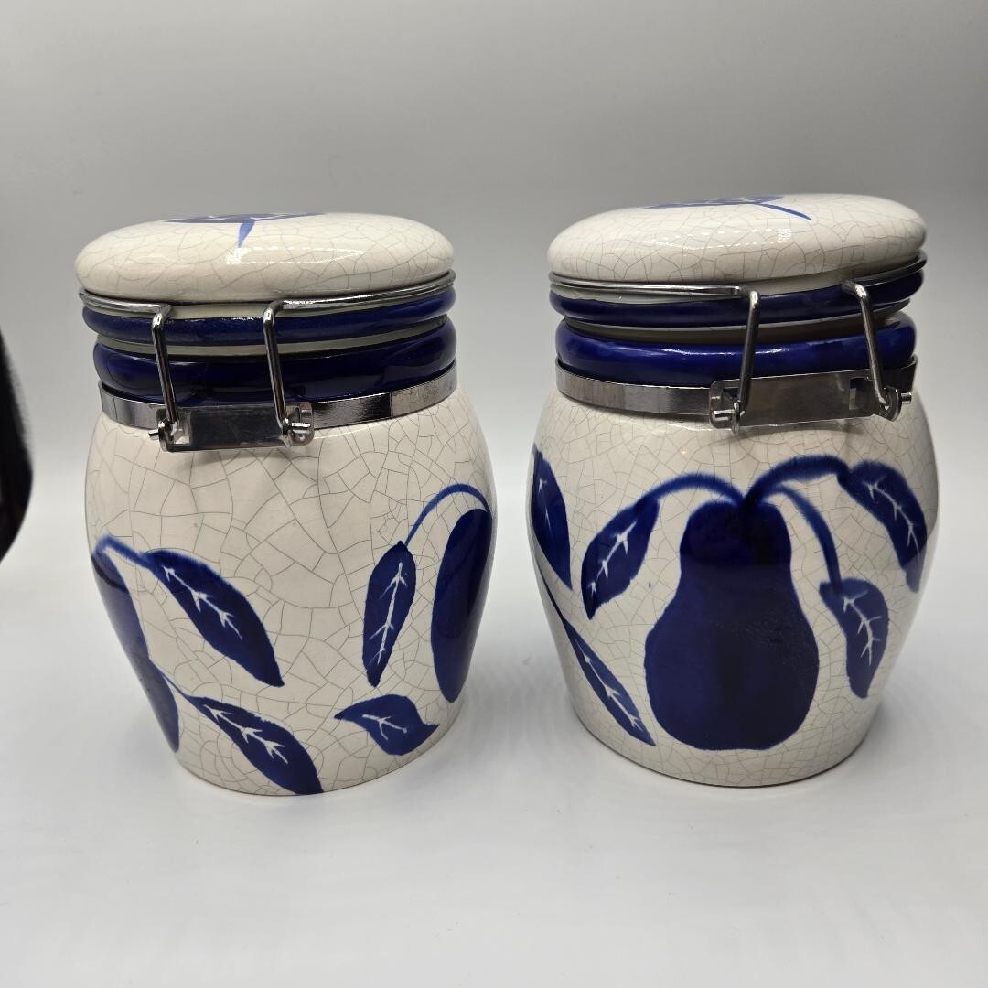 Vintage 80's Delph Blue/White Handpainted Glazed Crackle Canisters w/ Hinged Lid