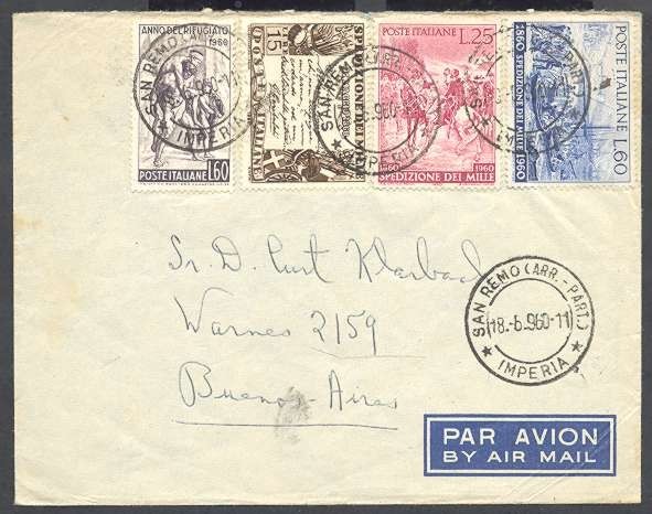 1960 Italy To Argentina Buenos Aires Airmail Cover With 4 Colours Stamps